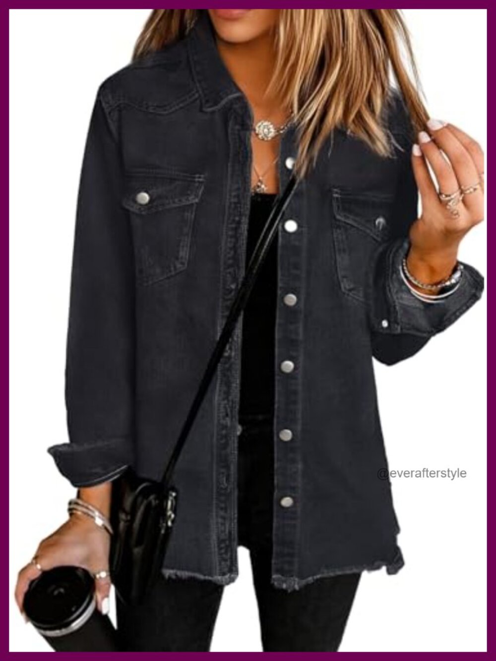 Women's Oversized Button Down Denim Jacket Frayed Hem Shacket Long Sleeve - Picture 1 of 6
